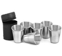 Omana Vasos de chupito de acero inoxidable (juego de 6) - Vasos de viaje de metal inastillables con diseño apilable de primera calidad y bolsa de transporte portátil - Reutilizables para camping