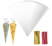 OMBRISA Bolsas Transparentes de Caramelos 200 PCS, Bolsas para Chuches 25x13cm, Bolsas Celofan bolsa de Cono Transparente con 200 Lazos Retorcidos, para Regalos Fiestas, Empaques Snacks