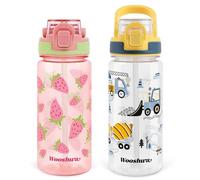 omedecal Botella de Agua, A Prueba de Fugas 600ml 2 Piezas Botellas con Pajitas, Sin BPA con Asa, Apto para Lavavajillas - Excavadora & Fresa