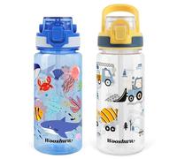 omedecal Botella de Agua, A Prueba de Fugas 600ml 2 Piezas Botellas con Pajitas, Sin BPA con Asa, Apto para Lavavajillas - Excavadora & Animales Marinos 2 Piezas