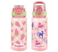 omedecal Botella de Agua, A Prueba de Fugas 600ml 2 Piezas Botellas con Pajitas, Sin BPA con Asa, Apto para Lavavajillas - Fresa & Unicornio