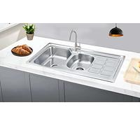 Omeere, fregadero de cocina grande, acero inoxidable 304, 0,8 mm, fregadero, fregadero, fregadero empotrable, cuadrado 2 senos 100x50cm (estante del fregadero a la derecha)