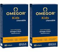 Omega 3 Niños OMEGOR Kids 3+ Años (60 Cápsulas Masticables de Frutas) - Suplemento de Omega3 con Vitaminas D y E para el Cansancio Mental y Concentratión para Niños (Paquete de 2)