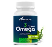 Omega-3 Vegano con EPA y DHA Soria Natural - Aceite de Microalga Schizochytrium - Con Vitamina E - Alto Contenido en Ácidos Grasos - Salud Cardiovascular - 60 perlas de 724,5 mg.