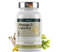 Omega 3 vegano + D3 y K2, 120 cápsulas, 1100 mg de aceite de algas con 600 mg de DHA y 300 mg de EPA + 1000 UI de vitamina D3 + 40 µg de vitamina K2 - O3 D3 K2, alta dosis y analizado en laboratorio