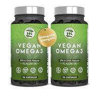 Omega 3 Vegano de Algas (90 Caps) Omega 3 Aceite de Algas equilibrado con DHA y EPA, Omega 3 Algas Marinas con Vitamina E, Ideal para Cerebro y Corazón, Suplemento para Veganos-Vegetarianos (2 Botes)