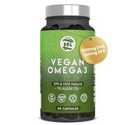 Omega 3 Vegano de Algas Omega3 Aceite de Algas equilibrado con DHA y EPA, Omega-3 Algas Marinas con Vitamina E, Ideal para Cerebro y Corazón, Suplemento para Veganos-Vegetarianos (90)