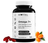 Omega 7 Espino Amarillo 500 mg. 120 cápsulas blandas para 4 meses de tratamiento. Con 150 mg de Omega 7 + Omega 3, 6 y 9 procedente de Aceite de Hippophae Rhamnoides. Fabricado en España por HIVITAL
