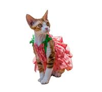 OMEM Vestido de gato floral rosa fresa para Sphynx Devon Rex, dobladillo con volantes en capas con correas de lazo, traje de verano de algodón transpirable para gatos sin pelo, S a XXXL (M-, rojo)