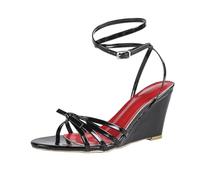 Omeslike Sandalias de cuña Negras con diseño de Tiras Cruzadas y Lazo para Mujer, tacón cómodo de 8 cm, para Uso Diario versátil y al Aire Libre,Negro,42 EU