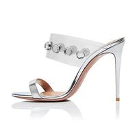 Omeslike Sandalias de tacón Stiletto con Doble Bucle Minimalistas para Mujer - Tacones cómodos para Bodas, Vacaciones en la Playa, galas nocturnas,Plata,43 EU