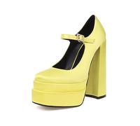 Omeslike Zapatos de Boda con Plataforma Mary Jane con tacón de Bloque de 15 cm para Mujer, Zapatos de Fiesta Nupciales para Bailes de graduación y Noches de Baile,Amarillo,36 EU