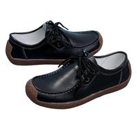 Omfpafeu Mocasines de Cuero con Cordones para Mujer, Mocasines Planos de Cuero, Mocasines para Conducir, Zapatos de Oficina, Zapatos de enfermería para Caminar,Negro,38 EU