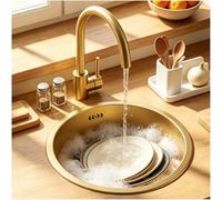 OMGMTSTORE 40x40 cm Fregadero de cocina de acero inoxidable, Fregadero redondo cepillado, Fregadero empotrable pequeño, Fregadero de montaje inferior/superior con filtro de drenaje, 1 lavabo sin