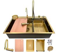 OMGMTSTORE 75 x 50 cm Cascada Fregadero de cocina dorado, fregadero grande 1 cuenco, cascada, lavar con grifo extensible, dispensador de jabón, lavavajillas de tazas, colador, tabla de cortar