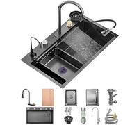 OMGMTSTORE 85x50CM Fregadero de cocina en cascada de montaje superior de acero inoxidable negro Fregadero individual multifuncional con grifo extraíble, escurridor de vidrio, lavabo, desagüe y