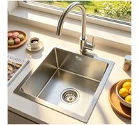 OMGMTSTORE Fregadero de 38 x 38 cm para cocina, superficie resistente a los arañazos, fregadero de acero inoxidable, fregadero de cocina con accesorios de drenaje, incluye grifo de cocina, escurridor