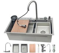 OMGMTSTORE Fregadero de cocina cascada con soporte para cuchillos 80x45 cm, Negro Gris Fregadero de Acero Inoxidable, Fregadero con Grifo de Pantalla Digital, Rebosadero, Sifón, Conjunto de Desagüe