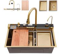 OMGMTSTORE Fregadero de cocina con cascada, 68 x 45 cm, 1 lavabo de acero inoxidable, moderno, grande, dorado, rectangular, para cocina, con grifo, sifón y rebosadero
