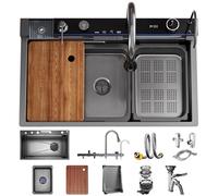 OMGMTSTORE Fregadero de cocina con cascada, 80 x 45 cm, 1 lavabo de acero inoxidable, color negro antracita, fregadero de cocina grande, con grifo, grifo de 4 niveles, rebosadero, sifón, desagüe