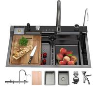 OMGMTSTORE Fregadero de cocina con cascada, 80 x 50 cm, 1 lavabo de acero inoxidable, moderno, grande, negro antracita, fregadero de cocina, fregadero de cocina con grifo, sifón y rebosadero