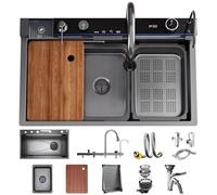 OMGMTSTORE Fregadero de cocina con cascada, 85 x 50 cm, 1 lavabo de acero inoxidable, color negro antracita, fregadero de cocina grande, con grifo, grifo de 4 niveles, rebosadero, sifón, desagüe