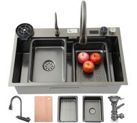 OMGMTSTORE Fregadero de cocina de 65 x 50 cm, acero inoxidable con pantalla de visualización, 1 plato, gran espacio de trabajo con tabla de cortar, sifón, juego de desagüe y exceso