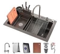 OMGMTSTORE Fregadero de cocina de acero inoxidable con cascada, fregadero de cocina con indicador digital, multifuncional con cesta de drenaje, componente de drenaje