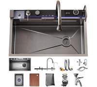 OMGMTSTORE Fregadero en cascada 68x45cm,Fregaderos Negro Antracita cocina acero inoxidable,Fregadero cocina 1 seno,con fregadero interior de repuesto,tabla de cortar,sifón,juego de desagüe y descarga