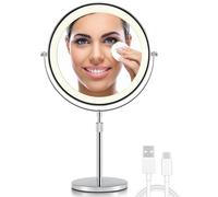 OMIRO Espejo Maquillaje LED con Aumento 3X/10X, Espejo Tocador sin Giro con Soporte Ajustable en Altura (Plateado)