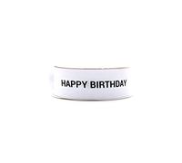 OMISS - Cinta Happy Birthday blanca con escritura negra de satén y grano grande - Ancho 22 mm - Ideal para decoraciones y regalos (blanco)