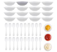 OMJMYY 16 Piezas Cuencos Salsa Soja, 7,2 x 7,2 x 1.9 cm Cuencos Aperitivos Blanco Cuencos para Salsa con 20 Cuchara para Salsa Barbacoa Ketchup Condimento Postre Fruta Frutos Secos