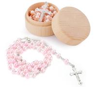 Omnikryp Rosario, Rosario Católico de Rosa Perlas de Imitación, Collar Cruz Jesús para Mujeres, Joyería Religiosa con Cruz para Cristianos Católicos Comunión Religiosa, Bautismo, Misa, Biblia, 40 cm