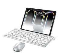 OMOTON Bluetooth Teclado y Ratón Inalámbrico Compatible con iPad/iPad Pro/Air/iPhone Series, con Soporte Plegable, Ligero y Fácil de Llevar,QWERTY Español Ñ- Plata