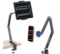 OMOTON Soporte ajustable para tableta, soporte giratorio de 360° con cabeza magnética y abrazadera para tableta, soporte de aluminio para iPad, soporte magnético para teléfono, compatible con