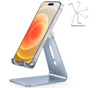 OMOTON Soporte de aluminio para teléfono móvil, multiángulo, ajustable, soporte para teléfono móvil, oficina, soporte de teléfono para escritorio, compatible con iPhone 17/16/15/14 Pro Max Air, azul