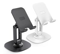 OMOTON Soporte Móvil Mesa, 2 Giratorios 360° Plegables Soportes para Móvil, Accesorios para Teléfonos, Soporte Ajustable en Altura con Orificio para Carga, para Todos los Smartphone, Negro y Blanco
