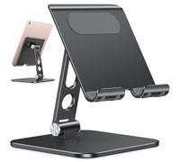 OMOTON Soporte para Tablet Ajustable Mejorado, Soporte para iPad con Base Más Pesada, Base Plegable Móvil de Escritorio de Aluminio Resistente Compatible con iPad Pro 12.9 Air Mini Xiaomi Huawei Negro