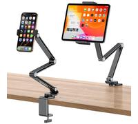 OMOTON Soporte para Tableta de Aluminio para Escritorio, Giratorio 360°, GH03 Soporte Ajustable con 2 Abrazaderas de Plástico (Teléfono y Tablet), para iPad/iPhone de 4 a 12", Negro