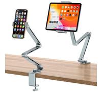 OMOTON Soporte para Tableta de Aluminio para Escritorio, Giratorio 360°, GH03 Soporte Ajustable con 2 Abrazaderas de Plástico (Teléfono y Tablet), para iPad/iPhone de 4 a 12", Gris