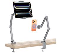 OMOTON Soporte para Tableta de Aluminio para Escritorio, Giratorio 360°, GH04 Soporte Ajustable con Cabezal Magnético (Teléfono) y Abrazadera de Plástico (Tablet), para iPad/iPhone de 4 a 12", Gris