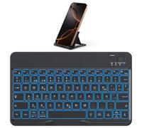 OMOTON Teclado Bluetooth para iOS/Android/Windows con Soporte para teléfono, Teclado para iPad con retroiluminación, Recargable, QWERTY, Teclas agrandadas, inalámbrico portátil, ultradelgado