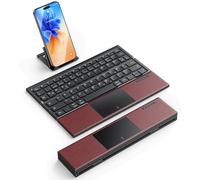 OMOTON Teclado Bluetooth plegable con panel táctil, teclado inalámbrico portátil, mini viaje, con 3 canales Bluetooth, para iOS, Android, Windows, portátil, PC, tableta, smartphone, QWERTZ, burdeos