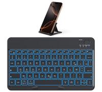 OMOTON Teclado inalámbrico Bluetooth con soporte, mini teclado portátil retroiluminado recargable silencioso, teclado AZERTY francés para iOS Android Windows, negro