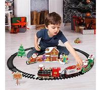 Omquot - Juego de trenes navideños de lujo con luces y sonidos para decoración del hogar, mini tren de juguete duradero para niños y adultos, material ABS, funciona con batería, tamaño de