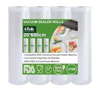 Omtofo Bolsas de envasado al vacío, 4 Rollos, 20 x 600cm/rollo, Bolsas de vacío para Alimentos, sin BPA, 190 µm, Rollo de lámina de vacío para Todas Las envasadoras al vacío, microondas y Sous