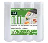 Omtofo Bolsas de envasado al vacío, 4 Rollos, 28 x 600cm/rollo, Bolsas de vacío para Alimentos, sin BPA, 190 µm, Rollo de lámina de vacío para Todas Las envasadoras al vacío, microondas y Sous