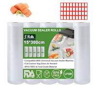 Omtofo Bolsas de envasado al vacío, 5 rollos, 15 x 300cm/rollo, bolsas de vacío para alimentos, sin BPA, 150 µm, rollo de lámina de vacío para todas las envasadoras al vacío, microondas y sous