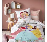 OMYDREAM Disney Home Princesa - Juego de funda nórdica para cama (funda nórdica de 140 x 200 cm y funda de almohada de 63 x 63 cm), diseño de fiesta de baile y estampado de flores, color blanco