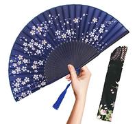 OMyTea Abanico de mano plegable para mujer, abanico de seda de bambú chino japonés, vintage, para sofocos, iglesia, EDM, festival de música, fiesta, baile, actuación, decoración, regalo (azul Little